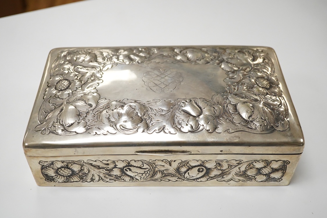 A Norwegian embossed 830 standard white metal mounted rectangular cigarette box, by J. Tostrup, 23.1cm.